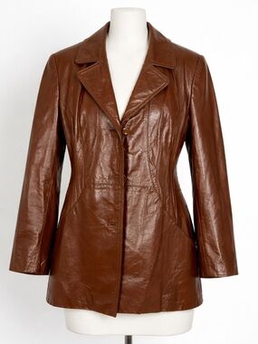 Vintage 70’ Rare Genuine Leather Cognac Brown Women's Coat Jacket size 10